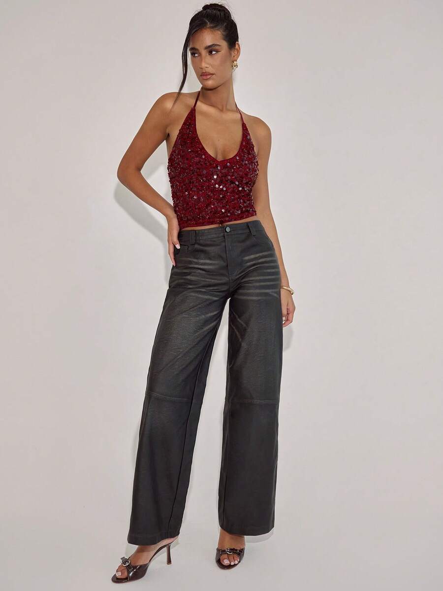 SHEIN BAE Quần ống đứng túi thời trang đường phố dành cho nữ - màu đen - Xem 1