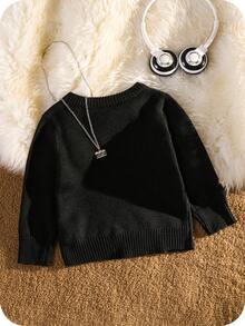 SHEIN Baby Boy/Girl Cute Casual Versatile Yellow Long Sleeve Sweater, Suitable For Autumn/Winter - Black - View 2