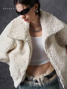 LYSMO Chaqueta de mujer de unicolor y suave, versátil y de moda, para otoño/invierno - Beis - Ver 10