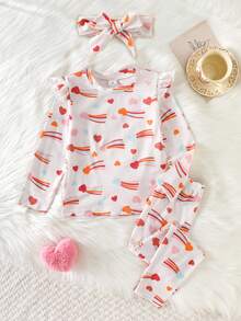 2pcs/Set Toddler Girls' Long Sleeve Top And Pants Set With Heart Pattern, Ruffle Hem, Casual, Comfortable, Cute, With Headband, Home Wear, Spring/Autumn - Apricot - View 3