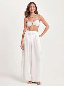CAJUNI Women's Summer Vacation Solid Color Loose Kimono & Wide Leg Pants Set - White - View 3