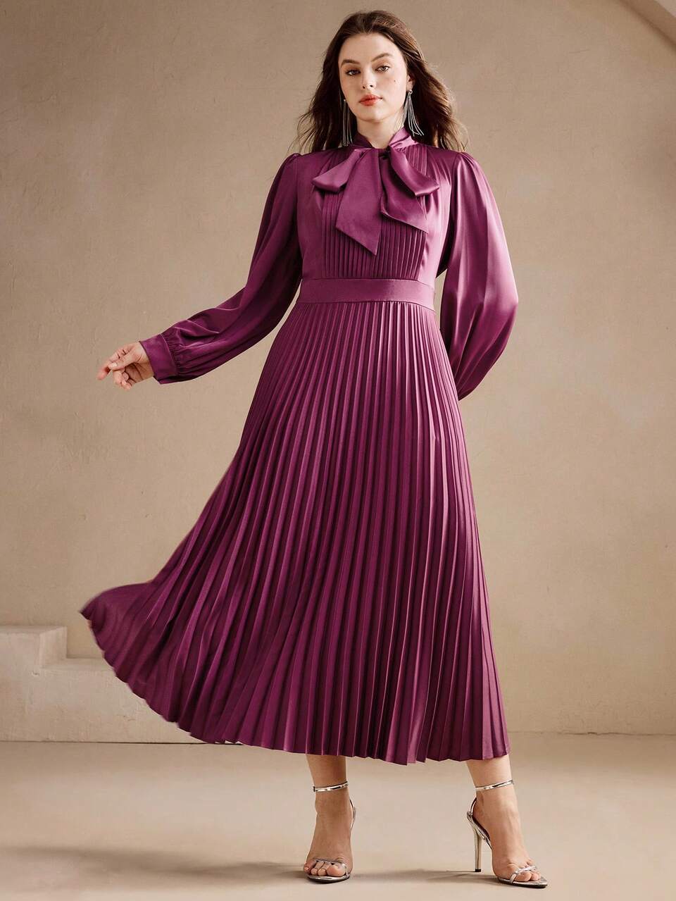 Anewsta Plus Size Women Purple Long Sleeve Bowknot Pleated Elegant Dress