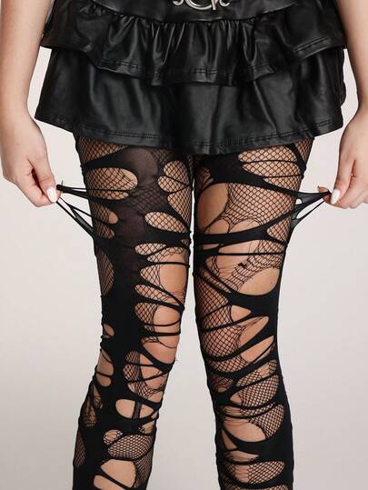 Grunge Punk 1 Paar minimalistische kleine Netzstrümpfe (Netzstrümpfe müssen selbst zerrissen werden) + 1 Paar zerrissene schwarze Strumpfhose, Y2K-Stil Strumpfhose Stapel-Kombination, vielseitig einsetzbare durchsichtige sexy elastische Strumpfhose