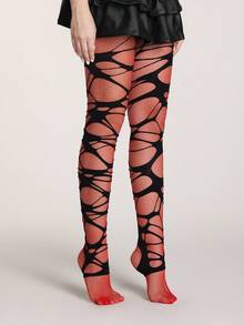 ROMWE Grunge Punk 套装包含：1 双极简主义红色钻石网眼袜 + 1 双破洞黑色连裤袜，Y2K 风格连裤袜叠穿组合套装，日常百搭半透明性感弹力连裤袜 - 彩色 - 查看 4