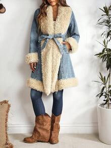 EMERY ROSE Women's Fashionable Fuzzy Patchwork Denim Jacket, Autumn/Winter - Blue - View 6