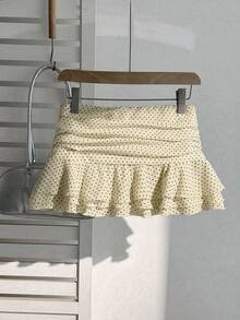 Elamini Váy ngắn xếp ly nhiều lớp thiết kế ngọt ngào thời trang thanh lịch chấm bi xếp nếp kiểu dáng nghỉ dưỡng váy chữ A - Màu be - Xem 2