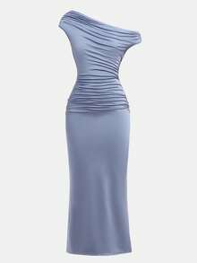 SHEIN 青少年女孩休闲优雅不对称领口褶饰腰部紧身针织长裙，适合万圣节派对、返校装、聚会、郊游，蓝色 - 藍色 - 查看 5