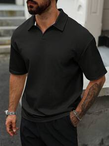 Manfinity CasualCool Manfinity 男士休閒 Polo 衫，黑色短袖，紋理布料，夏季純色通勤 Polo 衫，適合高爾夫球衫，拉鍊設計，正式款 - 黑色 - 查看 5