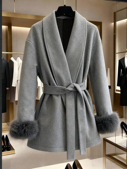 Franclia 毛绒装饰袖子和腰带拼布女式夹克