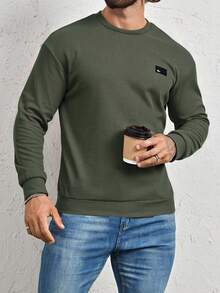 Manfinity Homme 男士宽松字母拼接圆领卫衣，秋季长袖上衣 - 軍綠色 - 查看 5