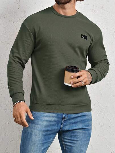 Manfinity Homme Men Loose Fit Letter Patched Detail Crew Neck Sweatshirt, Fall, Long Sleeve Top
