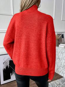 EMERY ROSE Casual Solid Color Off-Shoulder Stand Collar Sweater, Autumn/Winter - Red - View 3