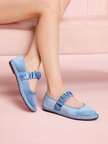 CUCCOO DOLLMOD Giày bệt Mary Jane nhung cổ điển, màu xanh nhạt thanh lịch, thoải mái, co giãn, xếp ly dành cho nữ - Màu xanh nhạt - Xem 9