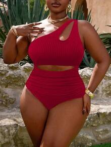 Slaydiva Traje de baño de una pieza con un hombro, acanalado, con recorte y pliegues, para mujer de talla grande, casual y para vacaciones - Rojo - Ver 3