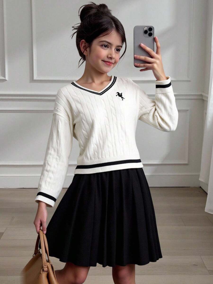 青少年女孩毛衣套装，长袖 V 领毛衣和黑色百褶裙，校园风格服装，适合春季、秋季和冬季
