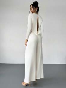 优雅现代通勤浪漫约会性感派对海滩度假深V领露背收腰长袖阔腿白裤，适合节日、婚礼、音乐节， - 杏色 - 查看 4