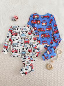 Cozy Pixies 4pcs Baby Boy Snug Fit Pajama Set, Cartoon Car Print Soft Knit Crew Neck Long Sleeve Top And Elastic Waist Long Pants - Blue - View 2