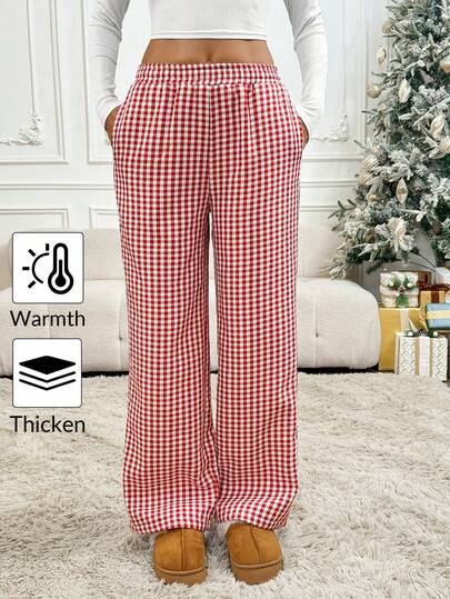 SHEIN LUNE Women's Red Plaid Thermal Lined Straight Leg Pants With Elastic Waist And Pockets, Suitable For Autumn/Winter, Christmas, New Year
