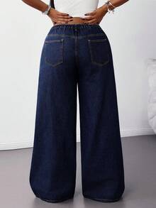 SHEIN Tall CURVE 大码夏季秋季返校季可爱2000年代风格卡哇伊Y2K机场休闲老钱风图卢姆水洗低腰阔腿蓝色宽松牛仔裤 - 深色水洗藍 - 查看 3