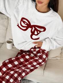 SHEIN PETITE 毛绒上衣和毛绒裤子家居套装 - 紅色 - 查看 6