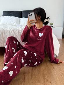SHEIN Heart Fleece Long Sleeve Top & Pants Fluffy Pajama Set, Cozy Winter Clothes - Red - View 5
