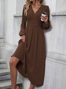 SHEIN Clasi 瑞士圆点斜领灯笼袖褶饰腰部连衣裙长款女装 - 咖啡 - 查看 6