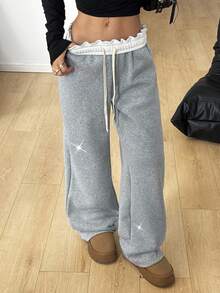 Coolane Quần nỉ ống rộng màu xám dành cho nữ, phong cách Thu Đông Y2K, thích hợp cho các buổi hòa nhạc, lễ hội rave, đi chơi, đính đá lấp lánh, giữ ấm và lót lông cừu. - Xám - Xem 6