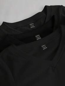 SHEIN EZwear 女款百搭黑色V領長袖修身保暖T恤，休閒百搭，適合秋季日間、夜晚與辦公室穿著 - 黑色 - 查看 6