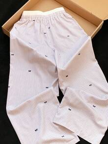 Comfortcana 女士蝴蝶结装饰条纹阔腿宽松休闲裤 - 粉色 - 查看 2