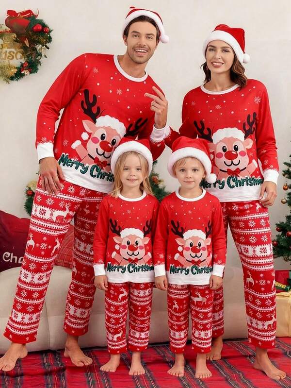 HIMLAND Men's Holiday Christmas Reindeer Print Long Sleeve Top And Pants Pajama Set