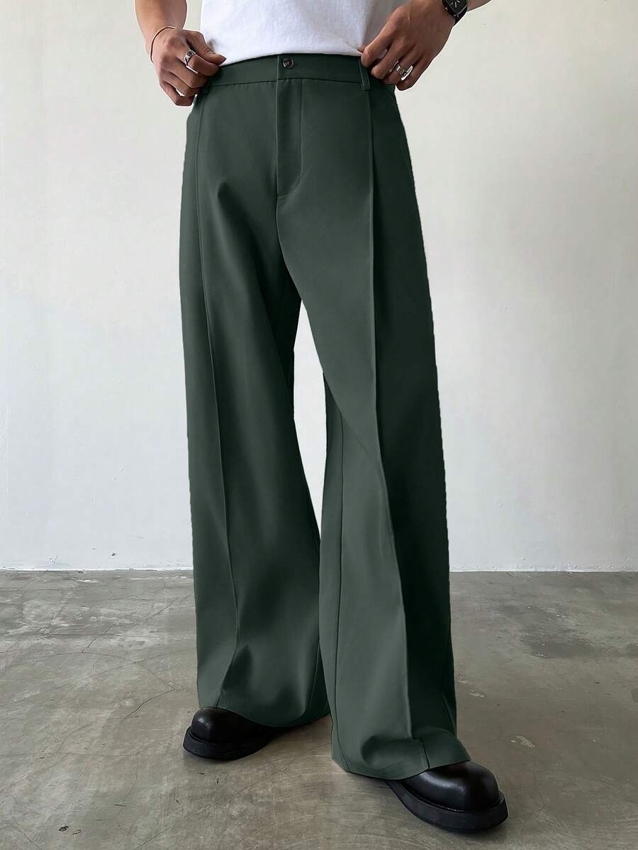 Manfinity Hypemode Men's Solid Color Toothpick Stripe Design Loose Fit Casual Pants Wide Leg Pants - Army Green - View 1