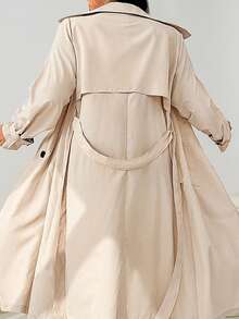 SHEIN EZwear 大码女式纯色翻领长袖双排扣休闲长款风衣外套，秋季 - 摩卡棕 - 查看 8