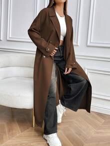 Ritzy Row 女式纯色时尚长款双排扣风衣 - 咖啡棕 - 查看 3