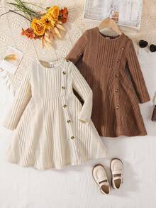Emery Rose Kids Emery Rose Kids Bộ 2 váy liền thân mùa đông đơn giản họa tiết nút cài cổ tròn cho bé gái - Nhiều màu - Xem 2