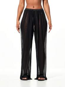 SUMWON WOMEN 褶皱网眼阔腿裤，腰部抽绳，沙滩罩衫，夏季休闲装 - 黑色 - 查看 1