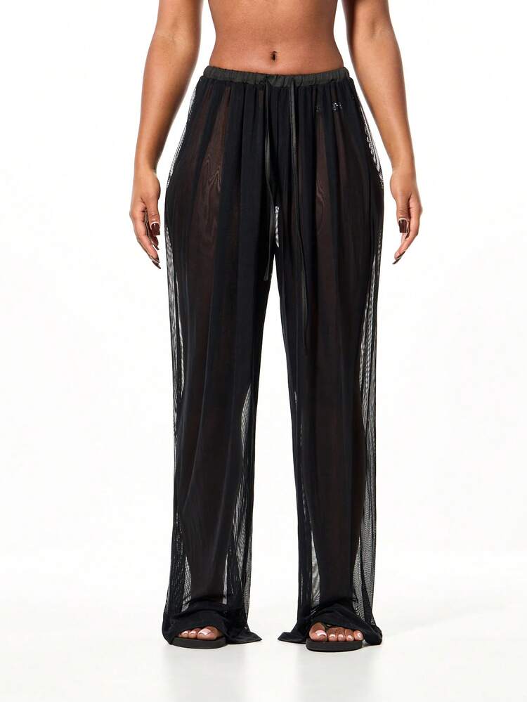 SUMWON WOMEN Pantalones palazzo de pierna ancha con pliegues de malla y cordón en la cintura, como prenda de playa y ropa de estar en casa para el verano