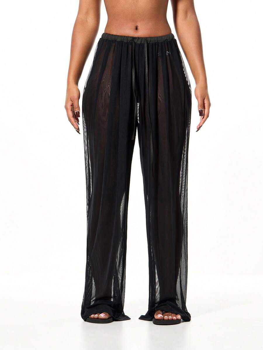 SUMWON WOMEN 褶皱网眼阔腿裤，腰部抽绳，沙滩罩衫，夏季休闲装 - 黑色 - 查看 1