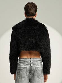 FeverCity Men's Casual Fashion Street Solid Color Fluffy Short Long Sleeve Coat - Grey - View 3