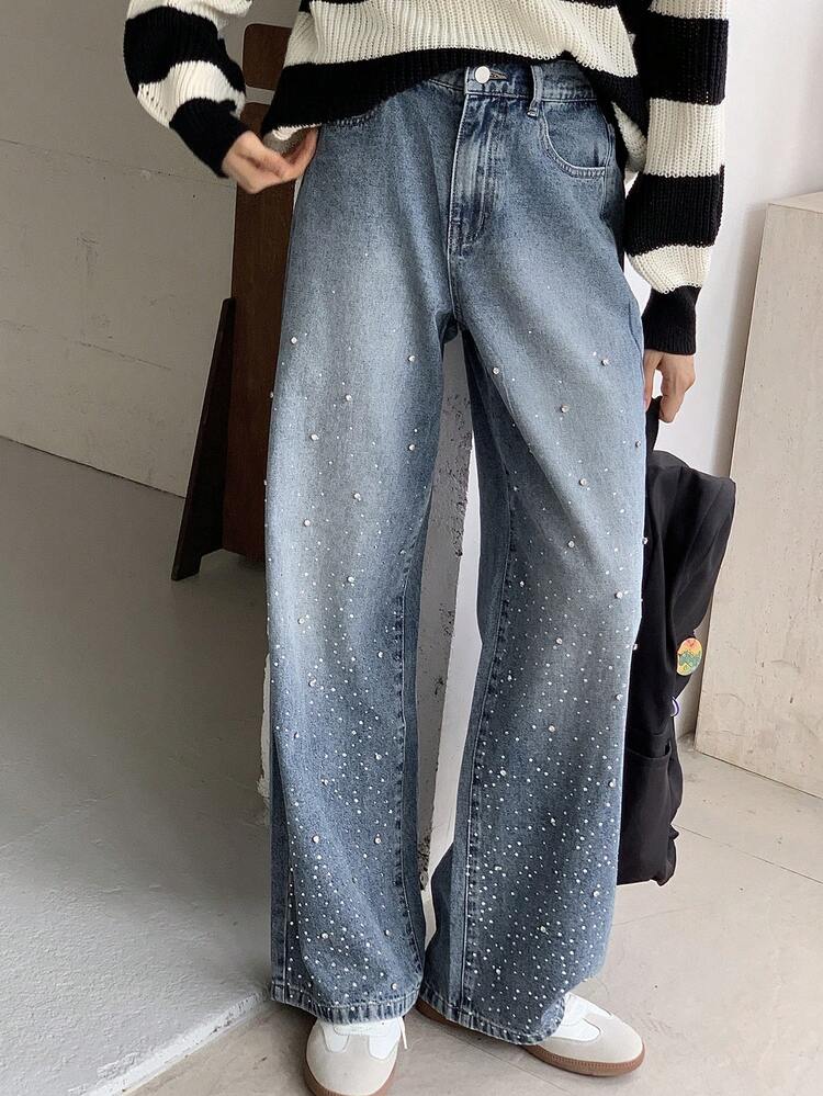 Teen Girl Rhinestone Decor Pocket Casual Fashion Jeans