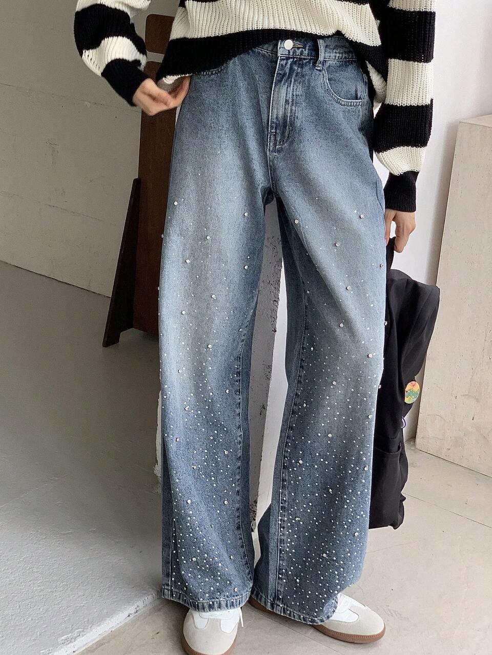 Teen Girl Rhinestone Decor Pocket Casual Fashion Jeans