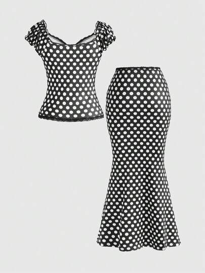 Kawaii 2 pièces/set Blouse ajustée avec décoration de nœud papillon col V et patchwork de dentelle à pois contrastés + Jupe