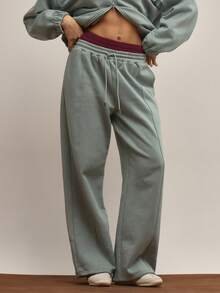 MUSERA Low Rise Oversized Seam Detail Wide Leg Joggers Tracksuit Bottoms Only Elegant Winter Work Cute Cosy Casual - Green - View 2