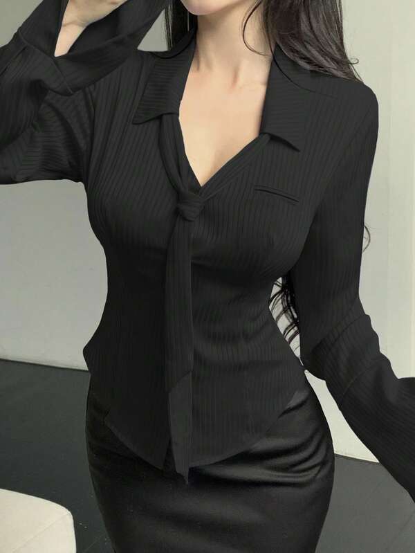 Celisse Blusa de mujer con cuello en V de satén a rayas, cintura con lazo y bajo con abertura