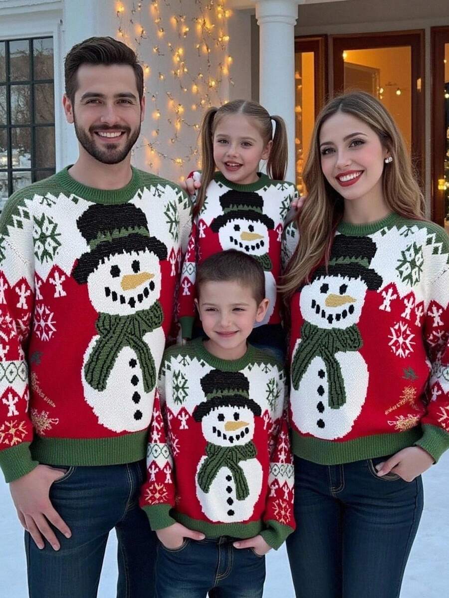 Manfinity RelaxMax Men's Christmas Snowman Sweater, Cute Matching Family, Long Sleeve Crew Neck Cartoon Pattern For Autumn - Multicolor - View 1