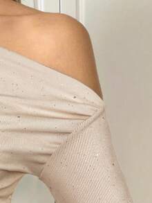 SHEIN EZwear 女式新款斜肩褶饰迷你连衣裙 - 杏色 - 查看 7