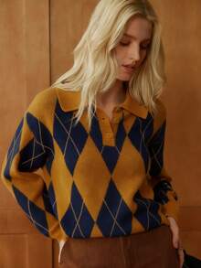 Écloséra 法式复古宽松Polo领长袖针织拼色菱形图案半扣设计卡其色女套头衫，秋冬 - 黃色 - 查看 5