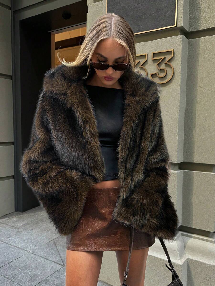 Aloruh Women's Retro Faux Fur Collar Open Front Plush Winter Coat, Fashion Outerwear,Women's Winter Clothes - Brown - View 1