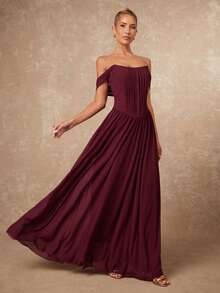 Lumalex Winter Fall Off Shoulder Sheer Flowy Tie-Waist Dress With Metallic Pleated  Luxury Prom Gathering Party Banquet Modest Old Money Coquette Glitter Holiday Party Rave Festival Outing Vacation Hot Outdoor Richly Layered Wedding Season Banquet ID Al-Adha Al-Adha Party New Year Looks Of Party Gala Night Party Dress For Autumn - Rose Red - View 7