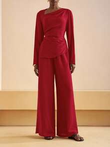 Zivah 2025秋冬新款通勤优雅休闲度假棕色不对称领褶皱长袖衬衫+高腰阔腿长裤女两件套，旅行、通勤、聚会、度假、复古风格、购物、宴会、优雅、派对、约会、休闲-A - 紅色 - 查看 5