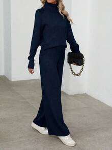 EMERY ROSE Casual Ladies' Turtleneck Long Sleeve Sweater And Sweater Pants Suit Fall Winter Cloth For Women - Navy Blue - View 5